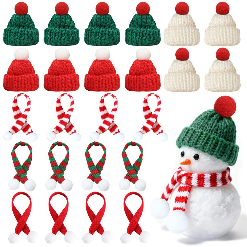 1755 24PCS Mini Santa Hats and Knit Scarf Set Tiny Christmas Ornaments Xmas